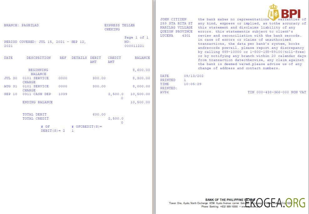 Modèle de relevé bancaire de la Philippines Bank of the Philippine Islands (BPI) au format Word et PDF, version 2